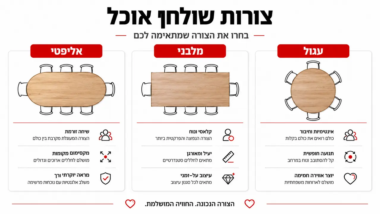 השוואה בין שולחן אוכל עגול, מלבני ואליפטי